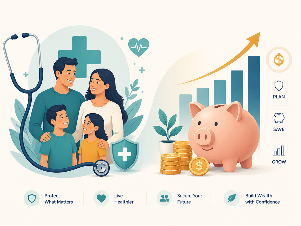 Illustration of a healthy family and financial growth symbols